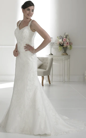 Floor-Length Lace Wedding Dress with Low-V Back and Sweep Train A-Line Sleeveless Appliqued