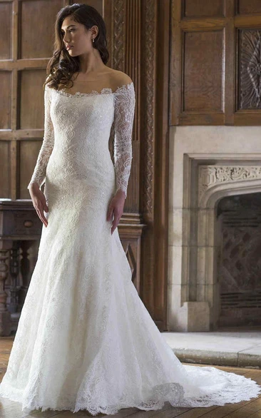 Off-The-Shoulder Lace Wedding Dress with Illusion Sheath Long-Sleeve Wedding Dress