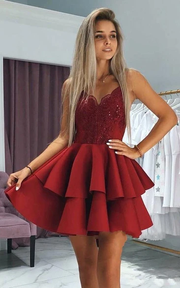 Satin Lace Tiered A-Line Homecoming Dress with Spaghetti Straps