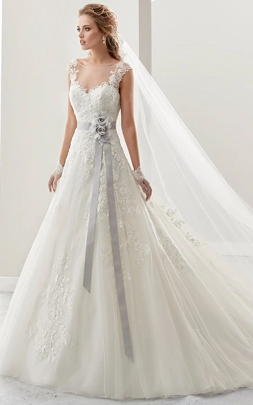 Lace Cap Sleeve Wedding Dress with Flower Satin Sash and Open Back
