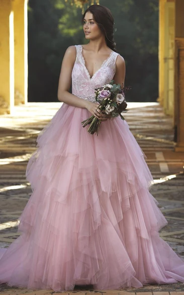 A-Line V-Neck Tulle Wedding Dress Cascading-Ruffle Sleeveless Bridal Gown with Lace and Waist Jewelry