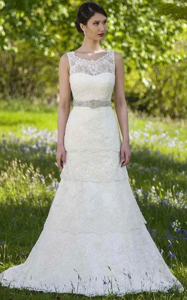 Jeweled Lace A-Line Wedding Dress with Scoop-Neck and Tiers Romantic Bridal Gown