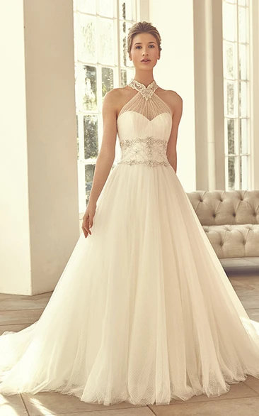 High Neck Beaded Tulle Wedding Dress with Court Train and Straps Unique Bridal Gown