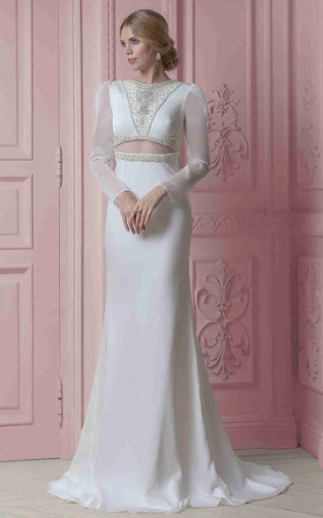 Long-Sleeve Sheath Chiffon Wedding Dress with Beading Classy Bridal Gown