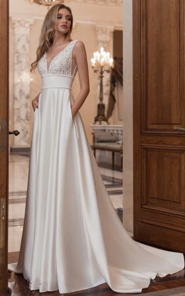 Gorgeous V-neck Satin Wedding Dress with Pockets A-Line Wedding Dress