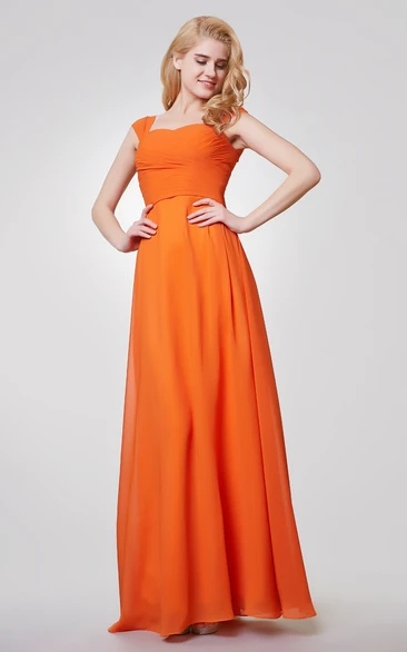 Long Cap Sleeve Chiffon Dress with Bow and Ruching Flowy Bridesmaid Dress