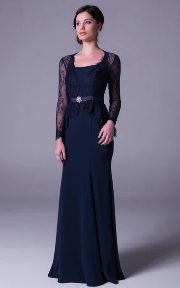 Long-Sleeve Lace Square-Neck Prom Dress with Broach Elegant Sheath Formal Dress