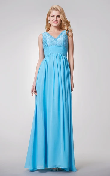 Sleeveless Lace Chiffon A-line Bridesmaid Dress Elegant and Long