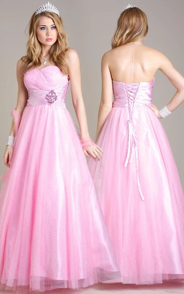 Tulle and Satin Prom Dress with Broach A-Line Sweetheart Floor-Length Sleeveless Criss-Cross