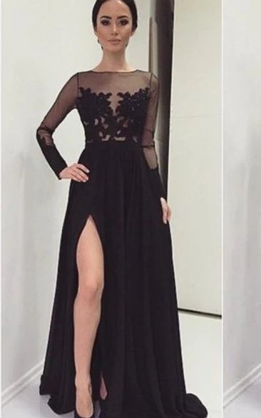 Black Lace Appliques Prom Dress with Front Split and Long Sleeves Sexy Formal Dress
