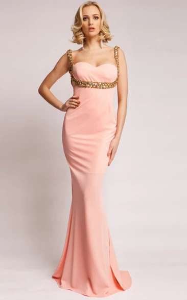 Strapped Sleeveless Sheath Jersey Prom Dress with Beading Classy Women's Formal Dress