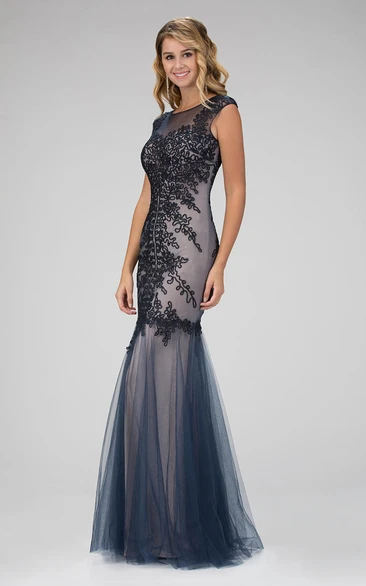 Cap-Sleeve Mermaid Tulle Formal Dress with Embroidery