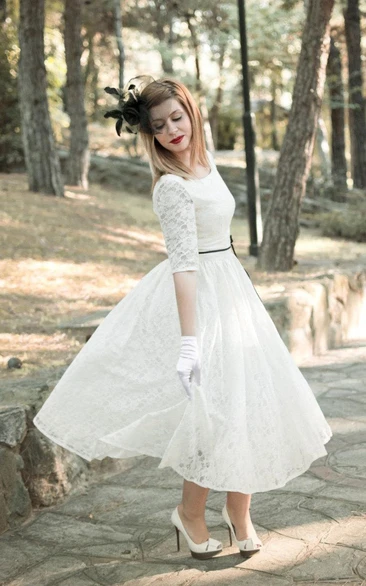 Half Illusion Sleeve Tea-Length Lace Wedding Dress with Sash