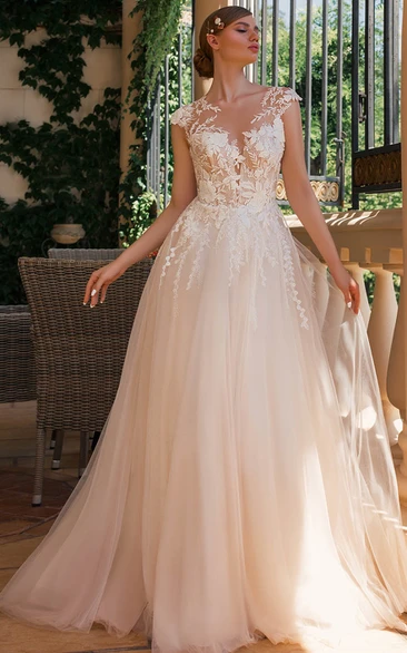 Sexy Tulle Bateau Neck Wedding Dress with Appliques A Line Style