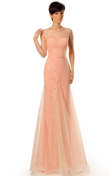 Sleeveless Tulle and Lace Sheath Prom Dress with Scoop Neck