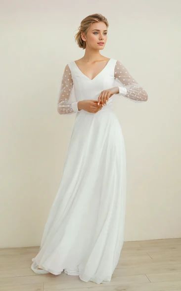 A-line Classic Polka Dot Dress Adorable Illusion Long Sleeve V-Neck V-Back Trailing Wedding Dress
