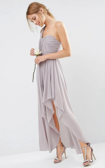 Draped Chiffon Bridesmaid Dress Sleeveless One-Shoulder Ankle-Length