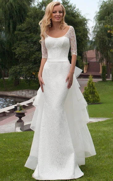 Scoop Neck Sheath Lace Wedding Dress with Half Sleeves Unique Bridal Gown