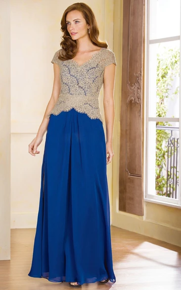 Long Chiffon Mother of the Bride Dress with Lace Bodice and Cap Sleeves