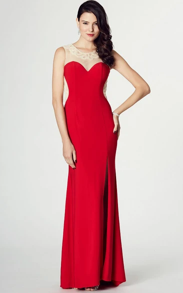 Jersey Sleeveless Prom Dress with Illusion Back and Beaded Scoop Neck Unique Evening Dress