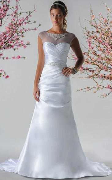 Crystal Sash Sheath Taffeta Bridal Gown with Cap Sleeve and Pearl Neckline