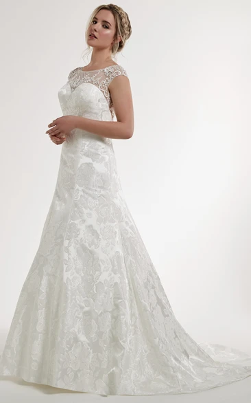 Embroidered A-Line Cap-Sleeve Satin Wedding Dress with Illusion Back Elegant Wedding Dress