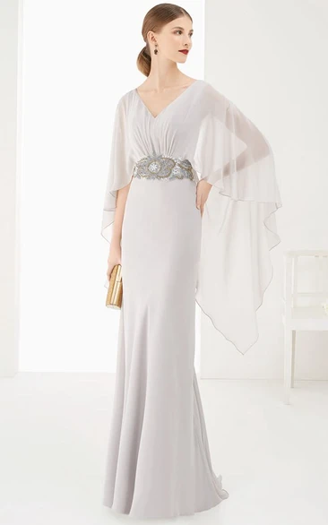 Sheath Long Prom Dress with V-Neck and High Low Batwing Sleeves Modern Prom Dress