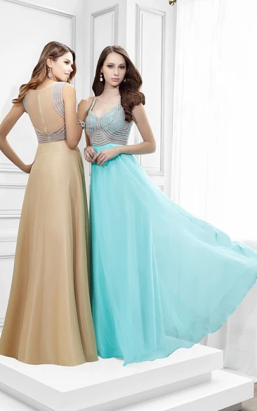 Illusion Back Chiffon Prom Dress Sleeveless Strapped Design