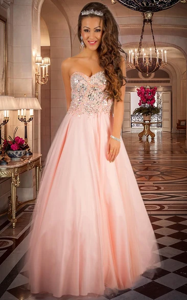 Sweetheart Sleeveless Beaded Tulle&Satin A-Line Prom Dress Simple Prom Dress for Women