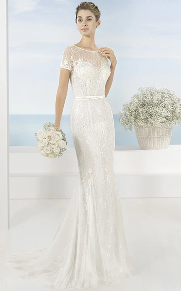 Scoop Neckline Lace Tulle Wedding Dress with Short Sleeves Classy Wedding Dress