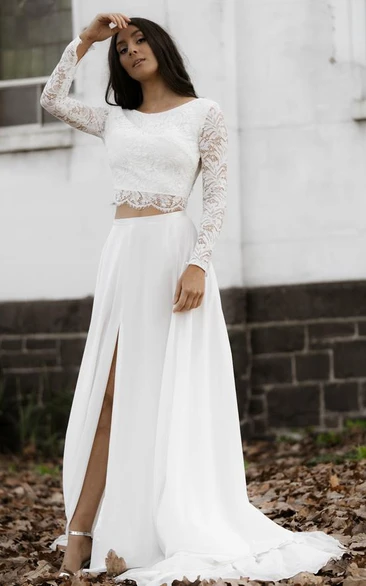 Chic Two Piece Lace Wedding Dress with Long Sleeves and Split Front Modern Wedding Dress