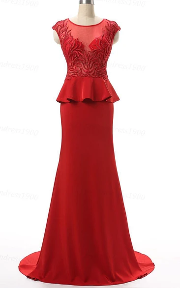 Chiffon Cap Sleeve Beaded Formal Dress with Embroideries and Peplum