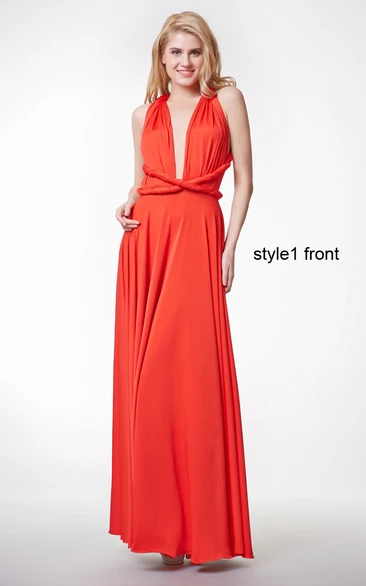 A-line Jersey Gown with Halter Neck & Pleated Convertible Sleeves Modern & Versatile