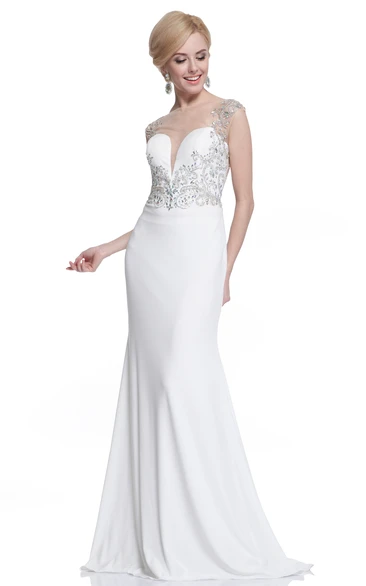 Jewel-Neck Beaded Sheath Prom Dress with Illusion Sleeves