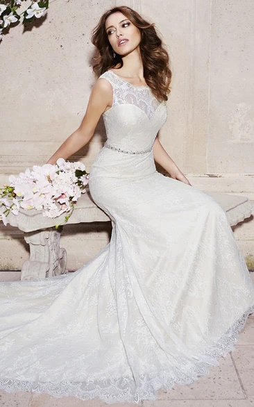 Lace Sleeveless Sheath Wedding Dress with Deep-V Back and Waist Jewelry