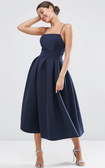 Satin Bridesmaid Dress A-Line Tea-Length Spaghetti Sleeveless