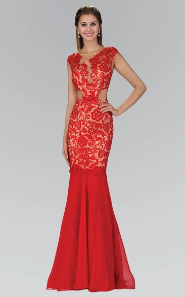 Lace Trumpet Deep-V Back Bridesmaid Dress with Cap-Sleeves