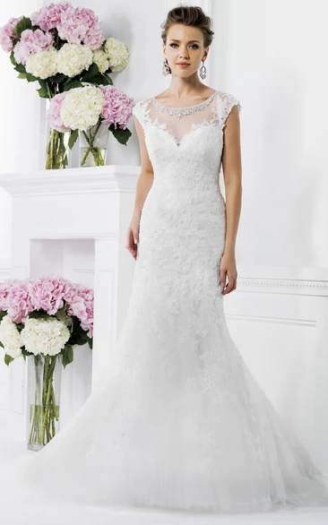 Beaded Illusion Neck Cap-Sleeved Mermaid Wedding Dress Low V-Back and Glamorous