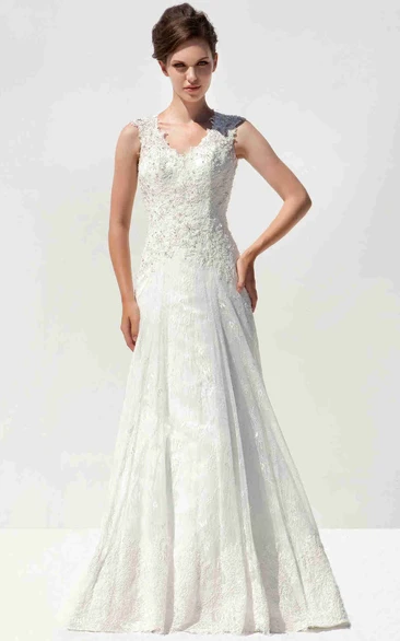 Lace V-Neck A-Line Wedding Dress with Appliques and Floor-Length