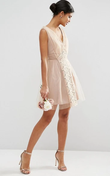 Lace Tulle V-Neck Bridesmaid Dress with Ruching Mini A-Line