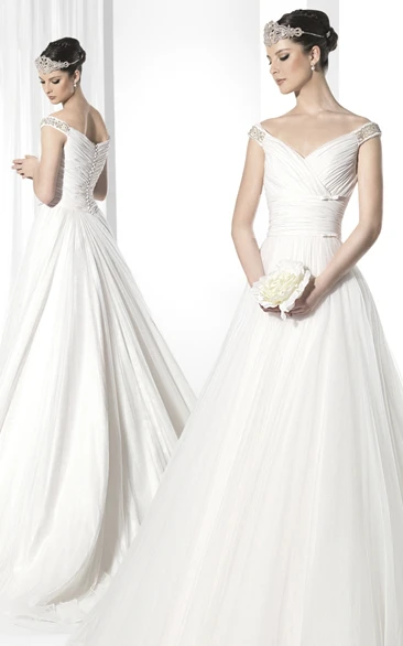 Floor-Length Tulle&Chiffon Wedding Dress A-Line V-Neck Modern