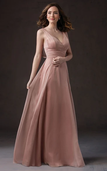 A-Line Long Bridesmaid Dress with Crystals V-Neck and Sleeveless Design Modern Bridesmaid Dress
