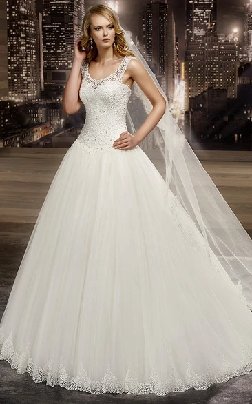 Cap Sleeve A-Line Wedding Dress with Beaded Bodice and Illusive Neckline