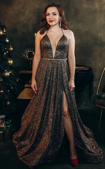 Sexy Sequin A-Line Sleeveless Evening Dress with Plunging Neckline