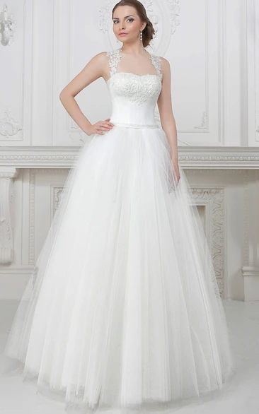 Strapped Tulle Wedding Dress with A-Line Silhouette and Floor-Length Hem Romantic Wedding Dress