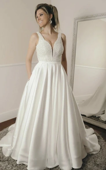 Simple Elegant Satin Ballgown Wedding Dress with Plunging Neckline