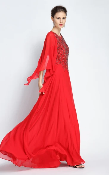 Beaded Chiffon Jewel Long Sleeve A-Line Prom Dress Flowy Floor-length Dress