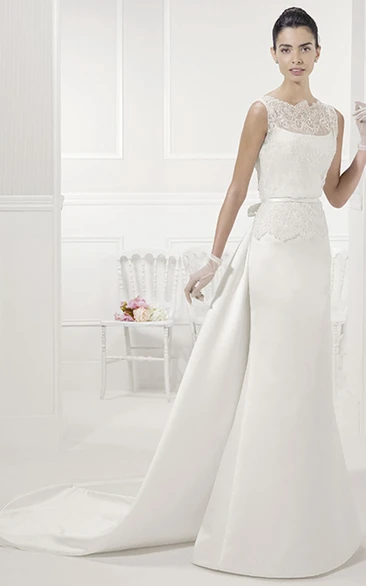 Sheath Satin Bridal Gown with Bow Sash Lace Top Modern Wedding Dress