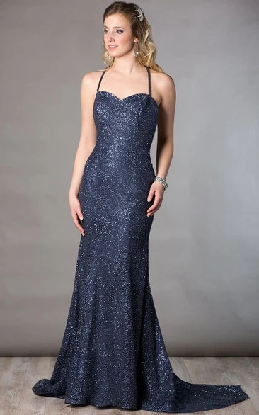 Long Sequin Mother Of The Bride Dress Spaghetti Straps Sheath with Back Criss Cross Straps