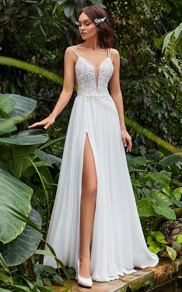 Sexy Appliques A-Line Chiffon Wedding Dress with Plunging Neck and Split Front